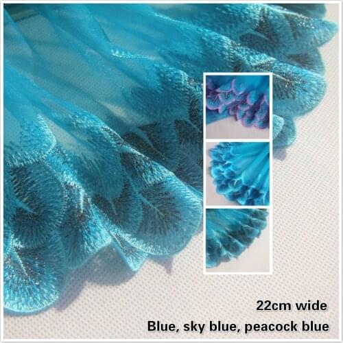 Blue Mesh Peacock Feather Pattern Embroidery Lace Fabric DIY Clothing Cheongsam Costume Dress Water Soluble Hem Trim Dentelle