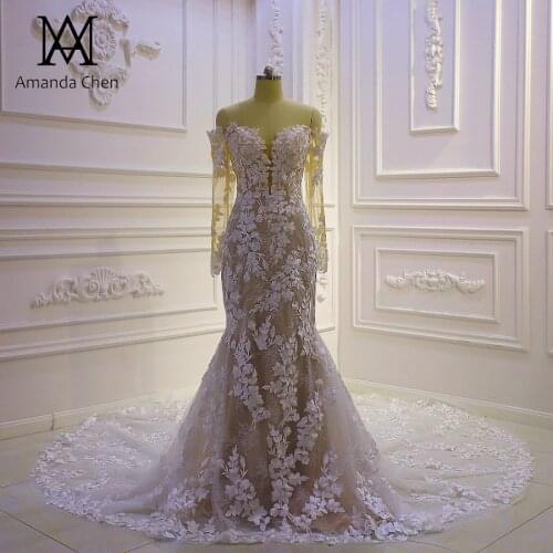 Lace Dress Off Shoulder Champagne Mermaid Wedding Dress