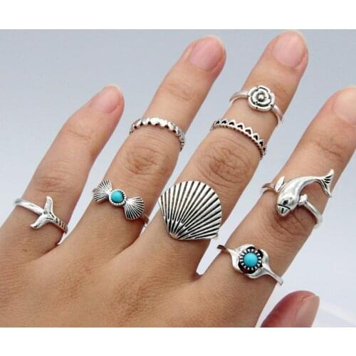 8 Pcs/set Bohemian Vintage Ring Antique Silver Color Shell Dolphin Flower Love Heart Joint Ring Set For Women Party Jewelry