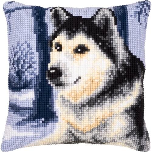 Cross Stitch Cushion Cover Husky Snow Forest Needlepoint Kits Printed Canvas Chunky Yarn Cross-stitch Pillow Case Arts & Crafts