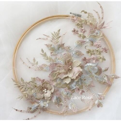 New 3D Flower Embroidery Lace Fabric Applique For DIY Clothing Dress Sewing On Accessories Beads Patches Wedding Dress Appliques