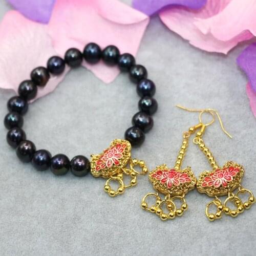 New fashion 9-10mm natural black pearl beads nearround earrings bracelets for women elegant cloisonne jewelry set 7.5inch B3027