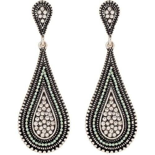 New Vintage Antiqued Silver Beads Chain Crystal Rhinestone Exaggerated Long Drop Earrings for Women Girl Fashion Jewelry