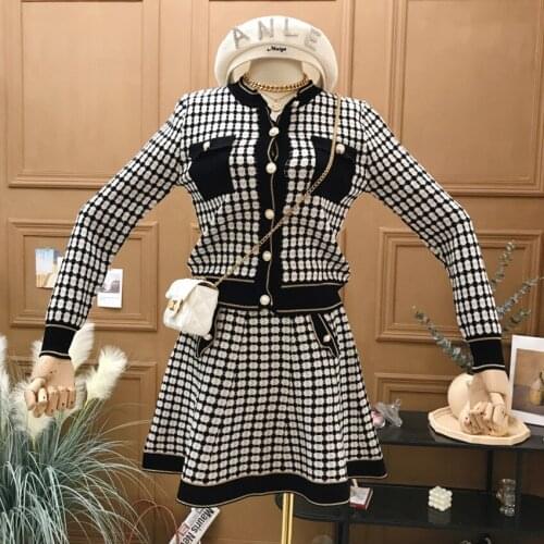 JSXDHK New Elegant Autumn Plaid Knitted Sweater Two Piece Set Women Pearl Button O Neck Cardigan + High Waist Short Skirts Suits