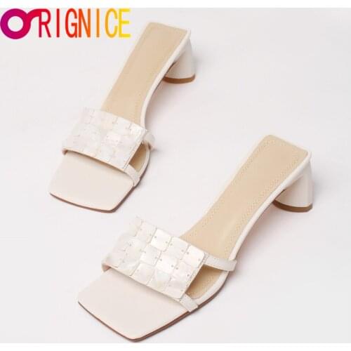 Orignice Runway Sandals Women Shell Summer Fashion Square Toe Block High Heels Slippers Manual Made Party Dress Shoes Yellow