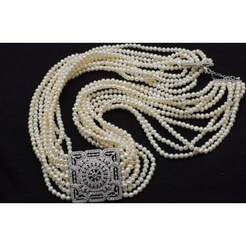 One set 10rows freshwater pearl white near round 3-5mm necklace /bracelet 17-22inch FPPJ wholesale beads nature zircon square