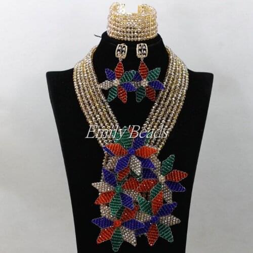Crystal Beads Necklace With Big Flower Nigerian Wedding African Party Jewelry Set For Women 2016 Hot Free Shipping AIJ710
