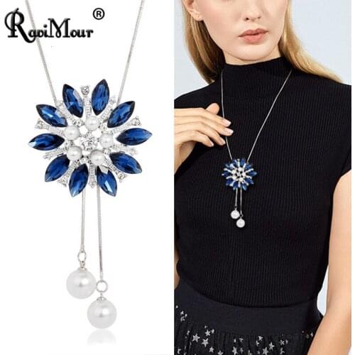 Luxury Big Crystal Simulated Pearl Pendant Necklace For Women 2021 Fashion Sweater Chain Flower Choker Collar Accesorios Mujer
