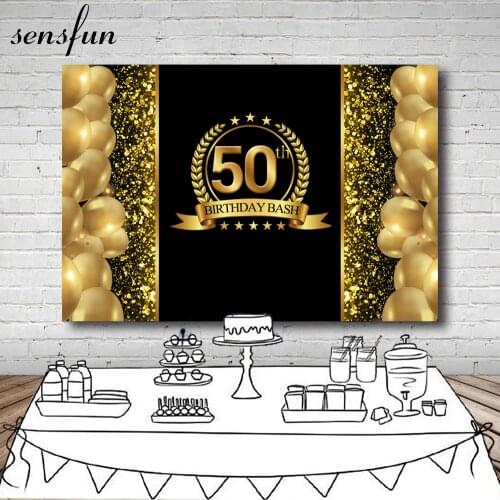 Sensfun Luxury Sparkly Happy 50th Birthday Backdrops For Photo Studio Gold Balloons Glitter Black Backgrounds 7x5ft Vinyl