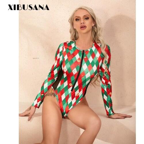 Christmas Women Zipper Bodysuits Woman Long Sleeve Printed Patchwork O Neck Bottoming T-shirts Femal Sexy Jumpsuits Dropshipping