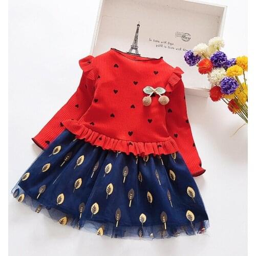 1-8T Summer Casual Baby Girls Long Sleeve Heart Leaves Pattern Patchwork Dress Kids Toddler Princess Sundress