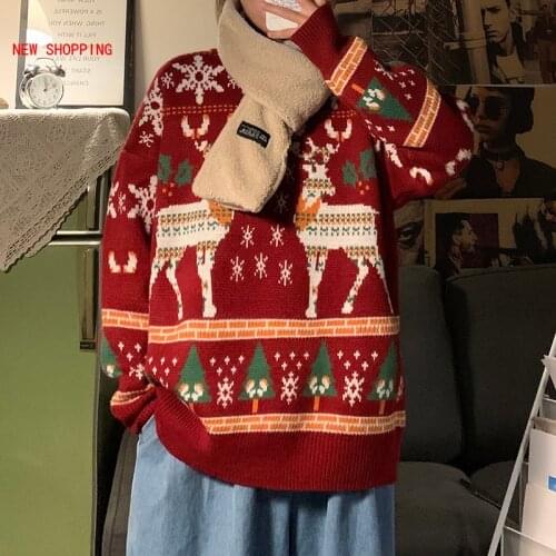 Unisex Christmas Sweater Funny Reindeer Printed Christmas Sweatshirt Men Crewneck Winter Xmas Sweaters Jumpers Tops Red Green