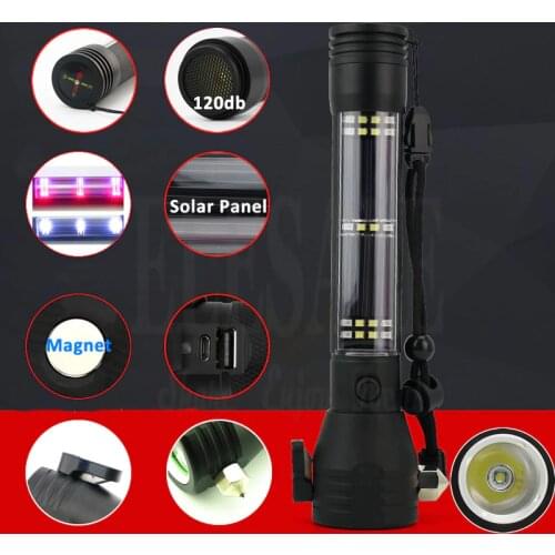 Outdoor Solar Power Multi Function Flashlight Defense Alarm Strobe Window Breaker Camping Outdoor Emergency Torch Flashlight