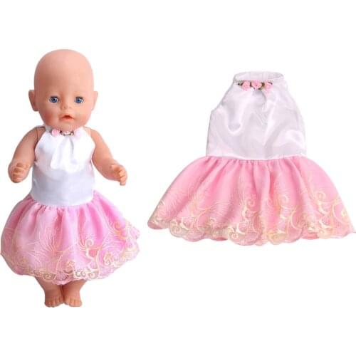 43 Cm Boy American Dolls Skirt Summer Pink Off-the-shoulder Lace Print Dress Born Baby Toy Accessories 18 Inch Girls Gift f61