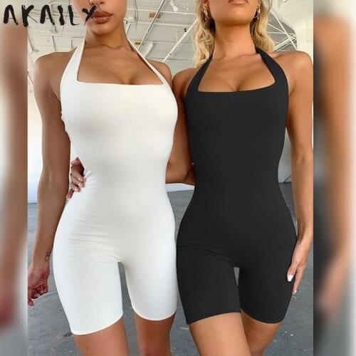 Akaily Streetwear White Sleeveless Halter Jumpsuit Women Solid Backless Romper Female Summer Black Bodycon Rompers Playsuit 2021