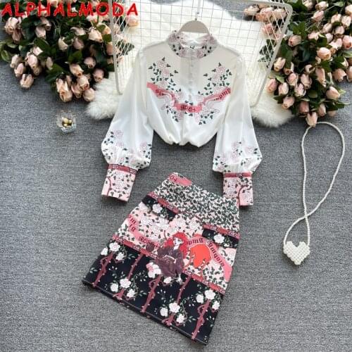 ALPHALMODA 2021 Summer Single Breasted Long-sleeved Shirt + High Waist Skirt 2pcs Set Women Elegant Clothes Suit
