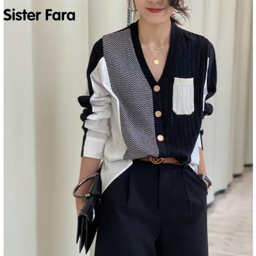Sister Fara New Spring Autumn Knitted Sweater Womens Cardigan Jacket Deep V Neck Single Breasted OL Office Lady Knitting Coat