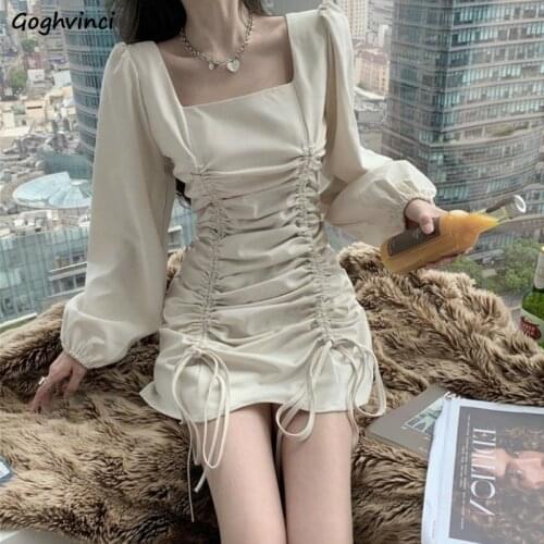 Long Sleeve Dress Draped Solid Puff Sleeve Square Collar Solid Mini Dresses Abdomen Slim Elegant Chic Female Clothing Fashion