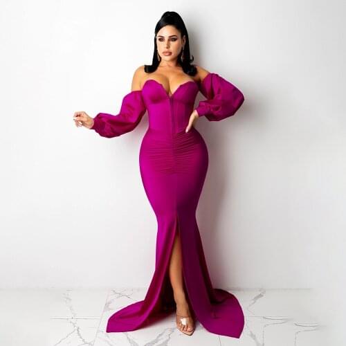 Womens Dress Off The Shoulder Lantern Sleeve Wrap Chest Bodycon Dresses Elegant Front High Split Backless Prom Party Vestidos