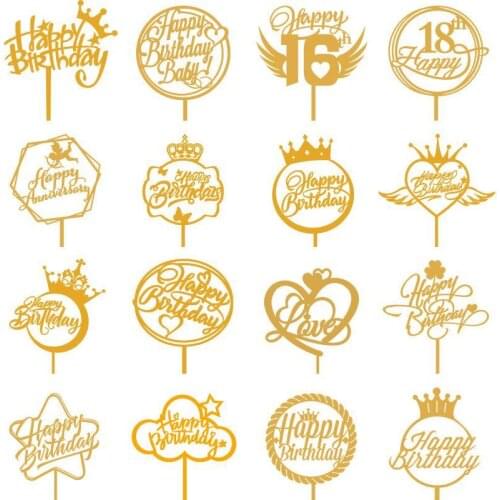 16 styles of Golden Acrylic Cake Topper Happy Birthday 16 year old Crown love Cake Topper For Birthday Party Cake Decoration