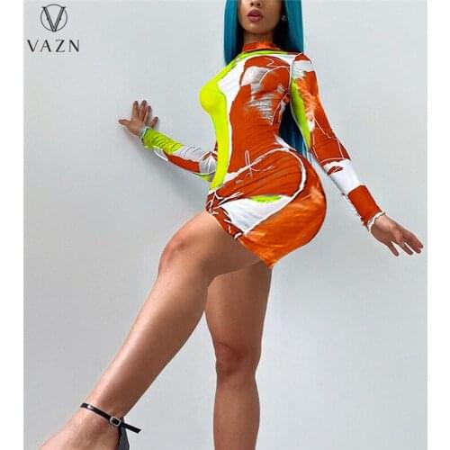 VAZN 2021 Autumn Vintage Young Sexy Overalls Dress Full Sleeve Young Mini Dress High Waist Women For Evening Robe