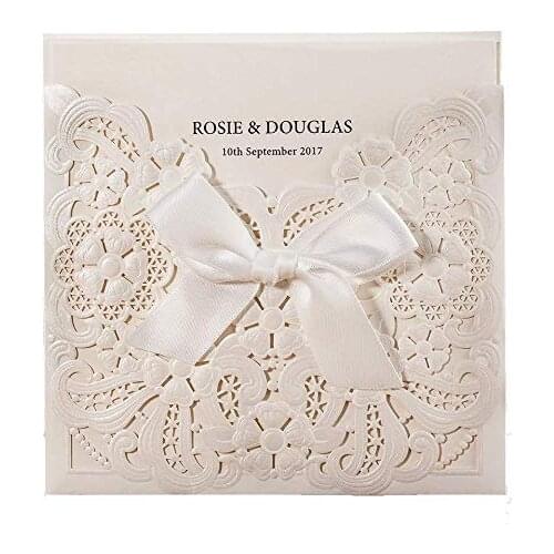 50pcs Pearl White Laser Cut Wedding Invitations Card with RSVP and Thank You cards Bowknot Hollow Floral Customizable CW6112