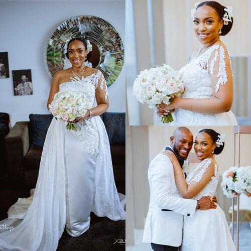African One Shoulder Mermaid Wedding Dresses Detachable Train Plus Size Lace Appliqued Long Sleeves Bridal Gown