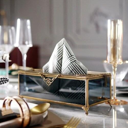 American Glass With Brass Lace Desktop Napkin Drawer Tray Living Room Coffee Table Decoration Ornaments Tissue Box Decoration