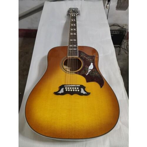 Free shipping vintage tobac burst dreadnought 12 strings acoustic folk guitar 12 string flame maple solid spruce acoustic guitar