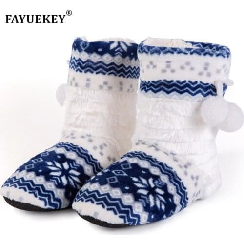 FAYUEKEY New Winter Home Soft Sole Thicken Cotton Plush Knitted Slippers Women Indoor Floor Warm Printing Flat Shoes Girls Gift