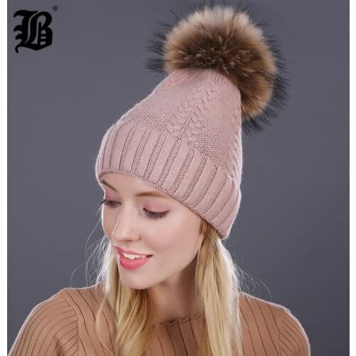 [FLB] 100% Real Mink Fur Pom Poms Winter Hat Knitted Wool Hats For WomenS Beanie Girl 'S Brand New Thick Bonnet Female Cap