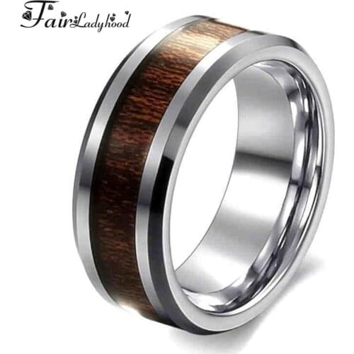 FairLadyHood Nature Koa Padauk Wood Inlay 316L Stainless Steel Men Women Wedding Ring High Polished Comfort Fit Size 6-12