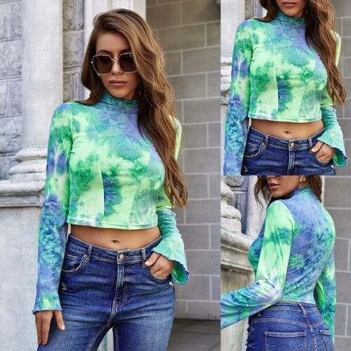 Hot Women Fashion Long Sleeve Tie-dye Print Top Stylish High Collar Tees Top for Ladies S-XL Female Autumn Spring