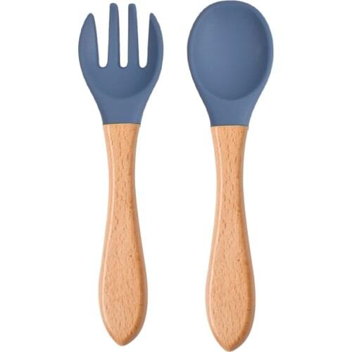 2pcs Baby Soft Silicone Spoon Candy Color Safety Baby Learning Wood Fork Non-Slip Spoon Children Kids Boy Girl Food Feeding Tool