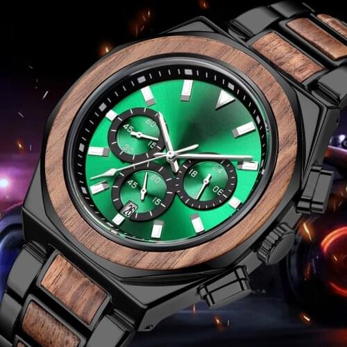 Fashion Octagon Wooden Watch for Men Multifunction Chronograph Quartz Watch Wood & Alloy Bracelet Male Reloj de madera