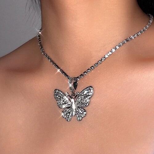 New Shining Crystal Rhinestones Butterfly Pendant Tennis Chain Necklace Women Jewelry Wholesale Big Butterfly Statement Choker