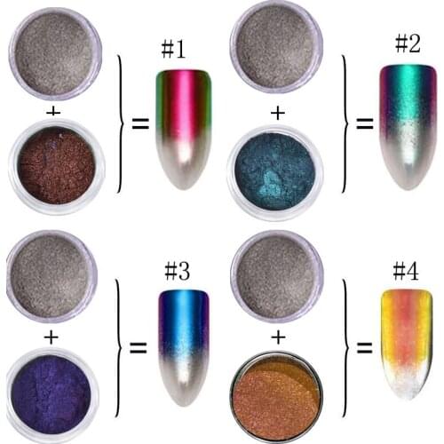 NEW Designs !! 2Pcs/Lot Gradient Chameleon Silver Mirror Nail Glitter Set Manicure Nail Art Chrome Pigment Mirror Effect +brush