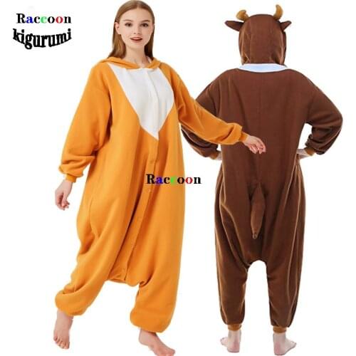 Soft Orange Christmas Deer Woman Jumpsuit For Adult Anime Onesie Wool Men Pajama Cartoon Cosplay Costume Raccoon Kigurumi