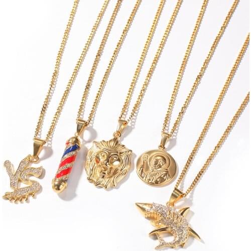 Hip Hop Rhinestones Paved Bling Iced Out Stainless Steel Shark Lion Barber Logo Pendant Necklaces for Men Rapper Jewelry