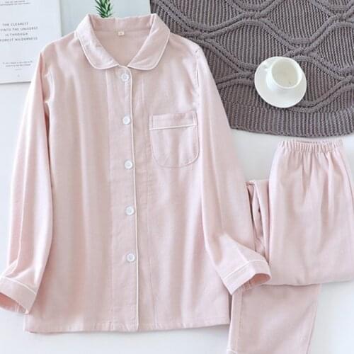 Harajpee Couple Pajamas Women Long Sleeve Cotton Flannelette Spring and Autumn Men and Women Thin Lovers Home Suit Simple Solid