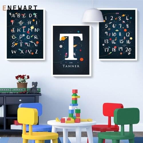 Space Wall Art Prints Kids Boys Bedroom Alphabet Number Canvas Painting Customized Name Posters Nursery Child Room Decor