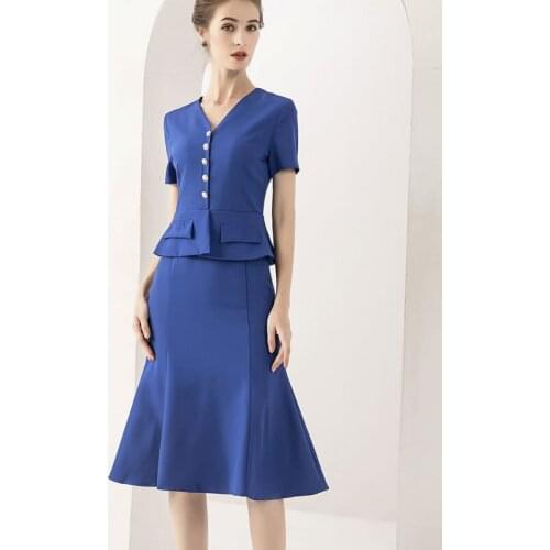 New Solid Women V-Neck Dress Fashion Short Sleeve OL Work Dresses 3299