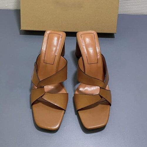 SUOJIALUN 2021 New Brand Women Slipper Square High Heel Ladies Slides Shoes Summer Outdoor Beach Sandal Shoes Ladies Flip Flop