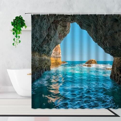 Natural Scenery Shower Curtains Rock Blue Sea Waterfall Lake 3D Printing Bathroom Decoration Waterproof Bath Curtain With Hooks