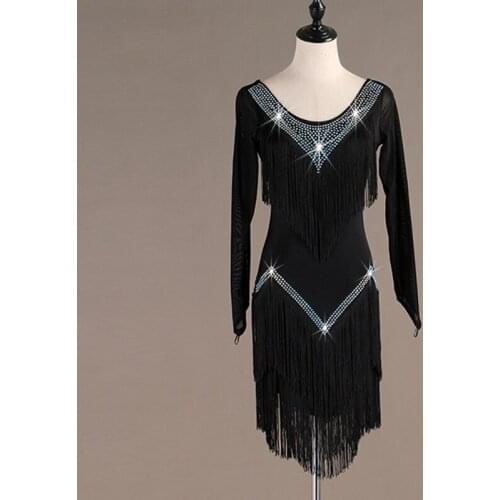 Modern Ballroom Latin Dance Dress Girls Kids adult Tassel Black/Purple/Blue Lady New Sexy Fringe Tassel long-sleeved Black Dre