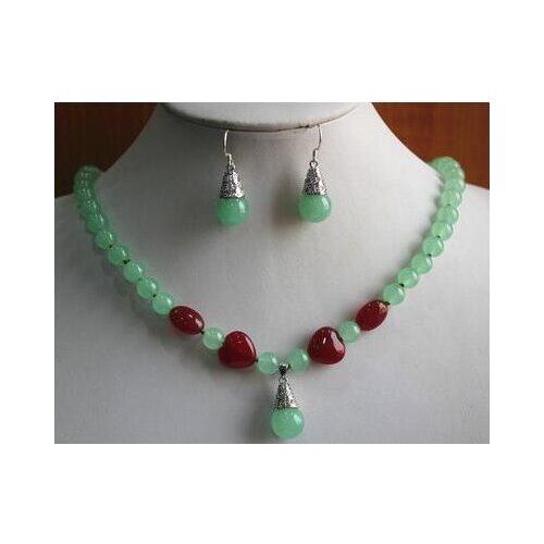 Styles! 8mm light green/red jade wonderful necklace+Natural jade earring&pendant necklace jewelry set