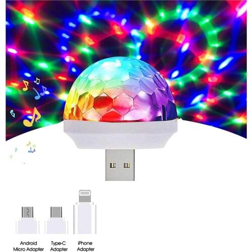 USB Mini Disco Light, DJ Club Party Car Atmosphere Light LED Small Magic Ball, Sound Control Strobe Stage Lamp for Mobile Phone