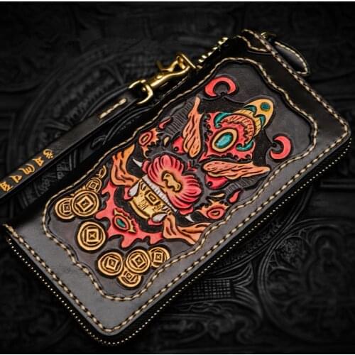 High-grade Handmade Carving Wallets Zipper Purses Men Long Clutch Vegetable Tanned Leather Wallet Card Holder