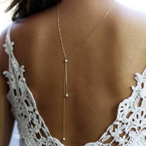 Back Chain Sexy Long Necklace White Bead Imitation Pearl Pendant Backless Dress Accessories Body Jewelry For Women Beach Gift