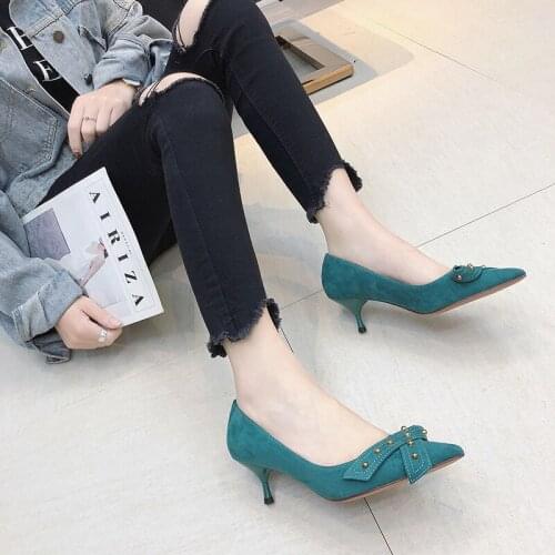 Suede Pointed Toe Stiletto Heels Dress Pumps Shallow Slip-on High Heel Banquet Shoes Black Khaki Green Zapatos De Mujer 2020 New